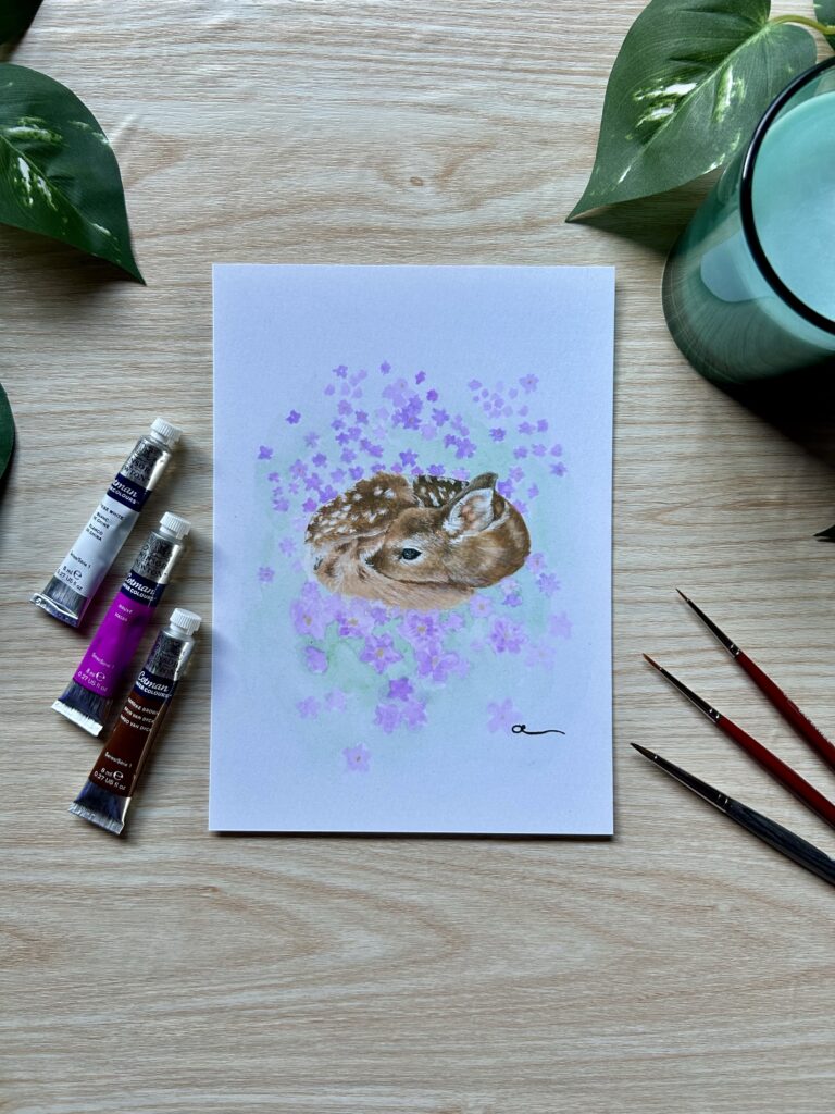 Fawn in purple flowers A5